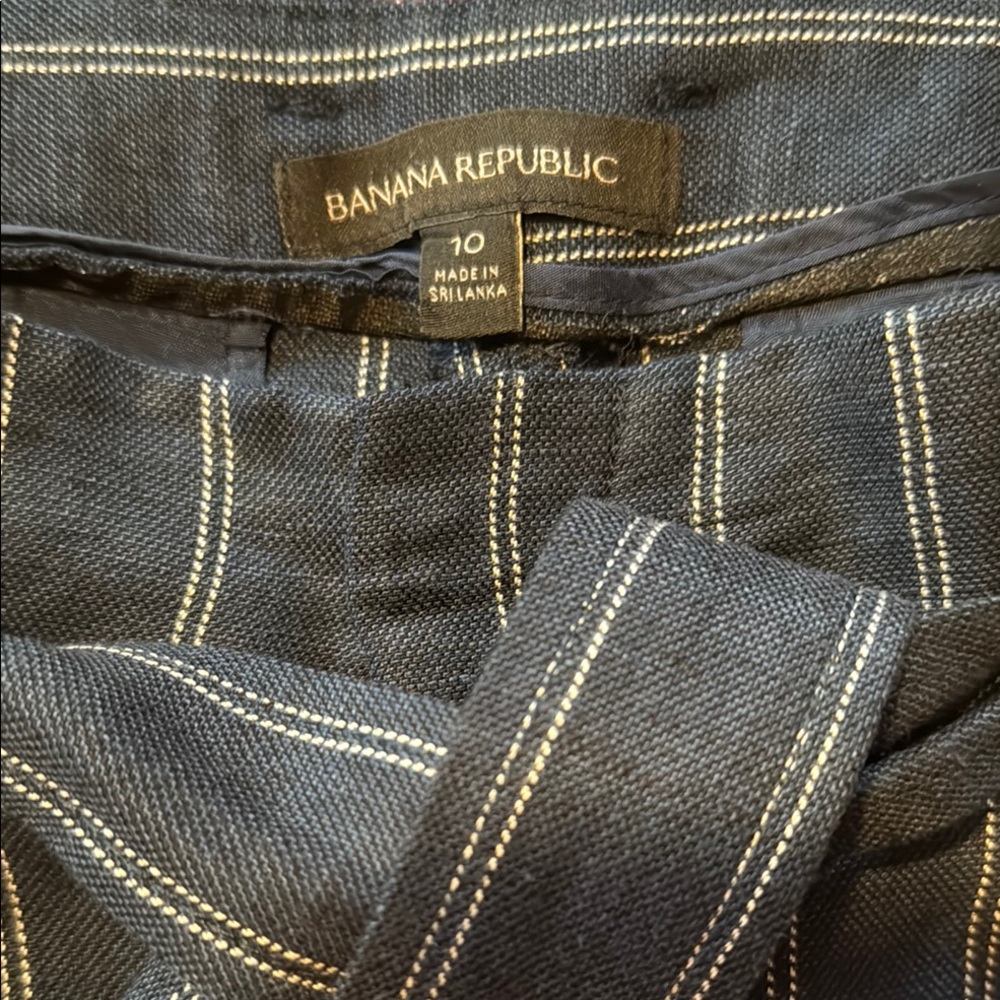 Women's Navy Striped Linen Ankle Pants